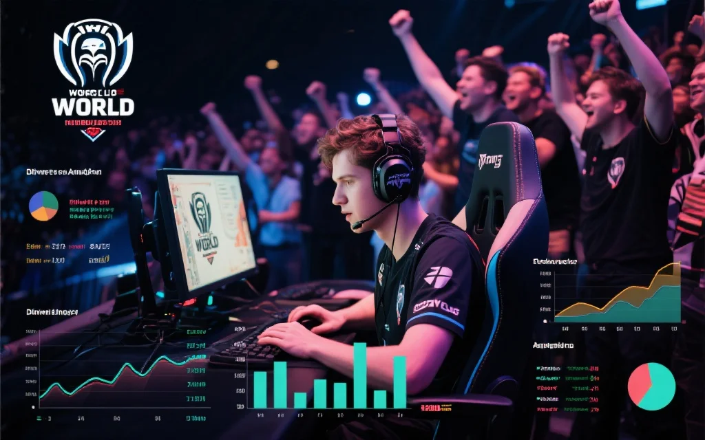 电竞选手专注比赛、数据分析图表与观众欢呼的结合画面，突出世界赛紧张气氛与数据驱动分析
