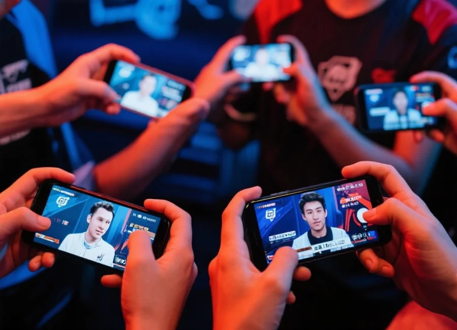 一群玩家手持手机，正在使用电竞赛事官方APP观看直播和参与社区互动