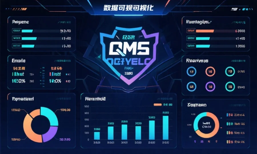 电竞赛事数据可视化图表,展示经济、伤害、视野等关键统计数据,背景为电竞主题